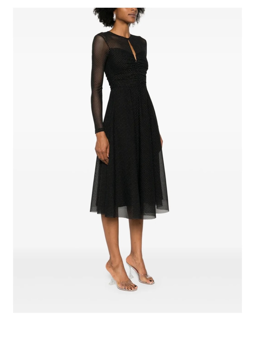 Black Mesh Long-Sleeve Midi Dress